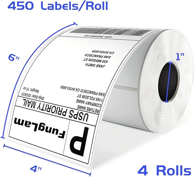 FungLam 4"x6" Thermal Shipping Labels - 450 Labels/Roll (4 Rolls), Direct Thermal Labels Compatible with JADENS, Munbyn, Rollo, iDPRT Printers