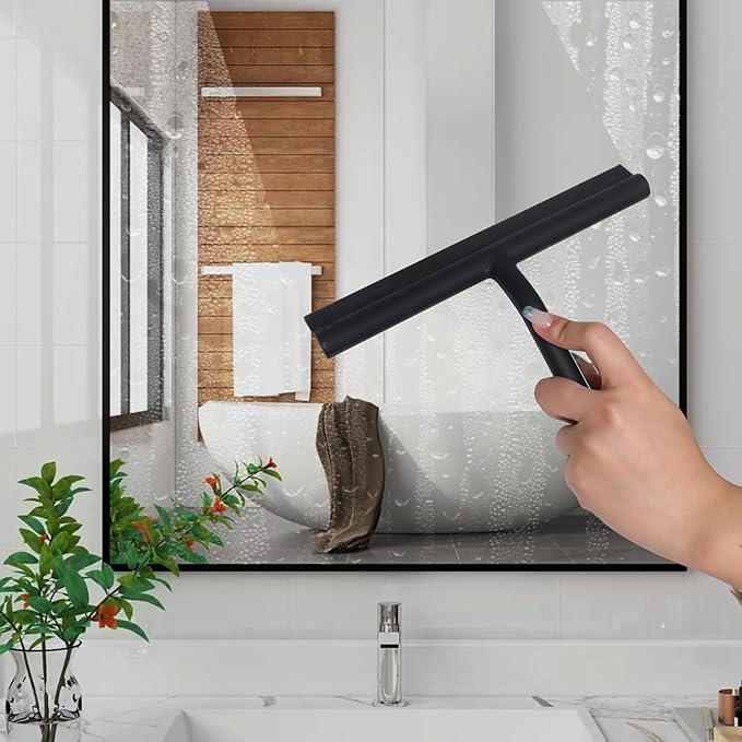 DEOFUXT Shower Squeegee for Glass Doors, Full Silicone Jacketed Squeegee with Ergonomic Handle & No-Drill Hook, Cleaning Tool for Windows, Mirrors, Tiles, Bathroom & Car - Black