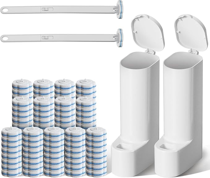 Disposable Toilet Brush Cleaning System, 2pcs Wands with 104pcs Replacement Heads, Stick for Toilet Cleaning,Wands with Refills Pads, Wall Mounted Toliet Wand for Bathroom, Toilet Brush and Holder Set