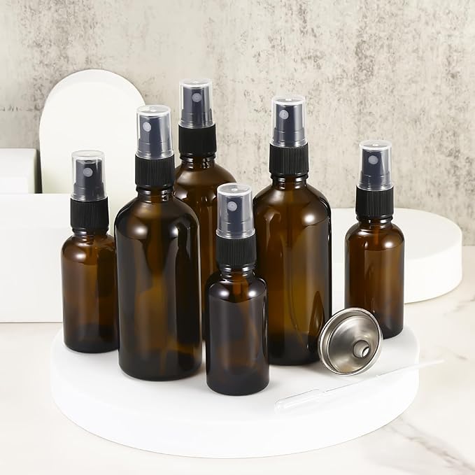 3.4 oz Amber Glass Spray Bottles,Empty Fine Mist Refillable Travel Spray Bottle for Cleaning,Perfume,Aromatherapy,Cosmetic Sprays,Hair,Essential Oils with Fine Mist Dispenser（6 Pack）