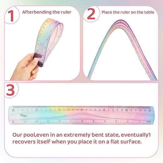 2PCS Flexible Rulers - 6inches & 12inches Bendable Plastic Ruler - Centimeters and Inches Scale Marked Rulers -Gradient Color Soft Ruler for Student School Classroom Office Supplies