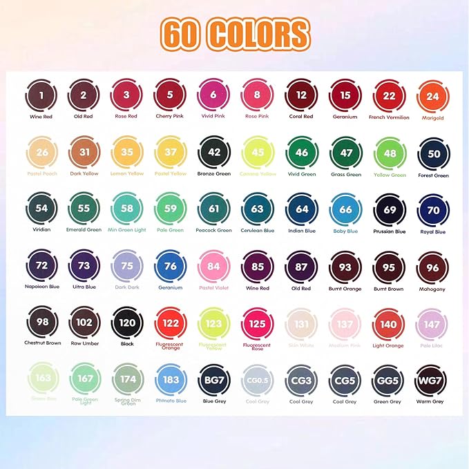 YHC 60 Colors Alcohol Brush Marker with Free App, Chen Rui Dual Tips Art Markers for Adults and Kids, Alcohol Based Brush & Chisel Tips Markers for Drawing, Coloring, Painting, Sketching