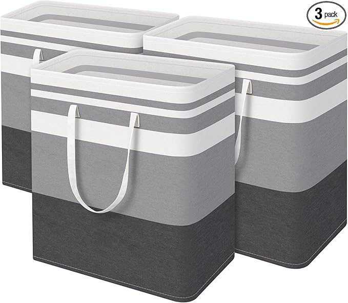 HomeHacks 3-Pack Large Laundry Basket, Waterproof, Freestanding Laundry Hamper, Collapsible Tall Clothes Hamper with Extended Handles for Clothes in The Dorm and Family-(Gradient Grey, 125L)