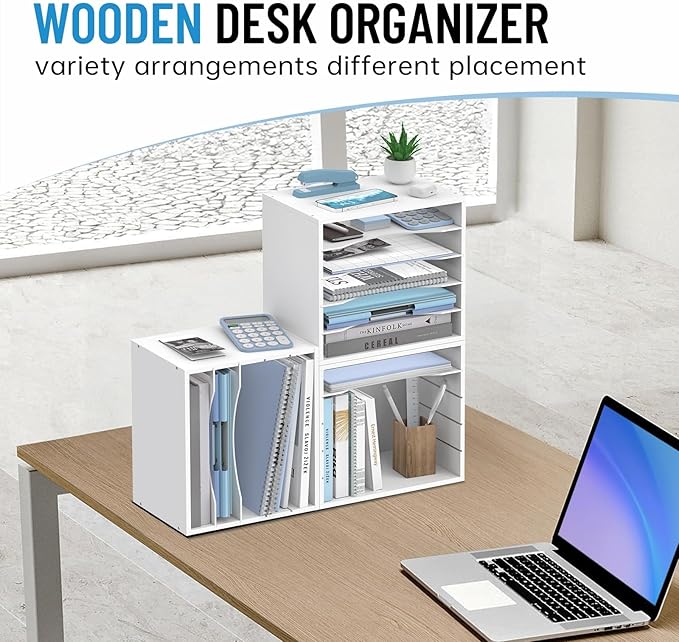5-Tier Wood Desk Organizer, Paper Tray Organizer for Desk with Adjustable Storage Shelves, Desktop Paper Sorter Mail Holder for Office Home Classroom, White