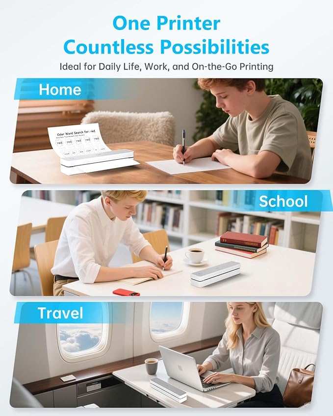 Inkless Portable Printer for Travel, Wireless Thermal Printer Support 8.5 x 11 Inch US Letter A4 B5, Bluetooth Mobile Printers with iOS, Android, Laptop for Home Use, Car, Office, School, Grey