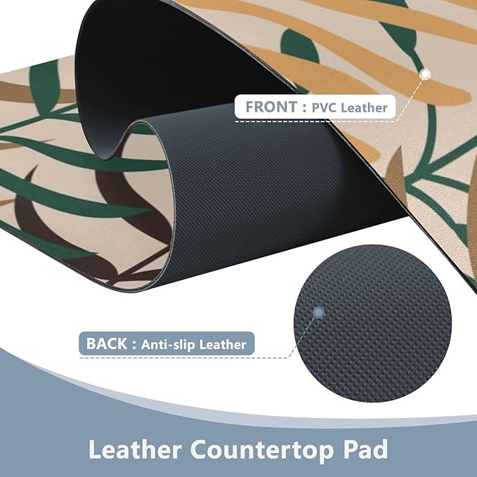 Mouse Pad Desk Mat Leather Desk Pad Large Gaming Desk Cover Protector Mat for Keyboard Computer Laptop Office Waterproof 47.2 x 23.6 Inch Boho Leaves Beige