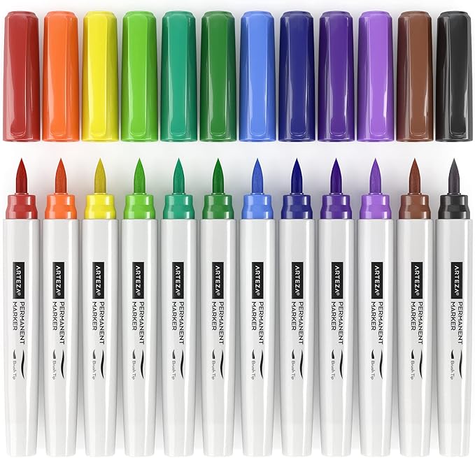 ARTEZA Colored Permanent Markers, Set of 24, Fine & Brush Tip Pens