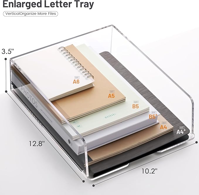 Enlarged Letter Paper Tray - Clear Acrylic Desk Organizers for Document Organization and File Storage - Stackable Office Accessories - 2 Pack (Large Tray V)