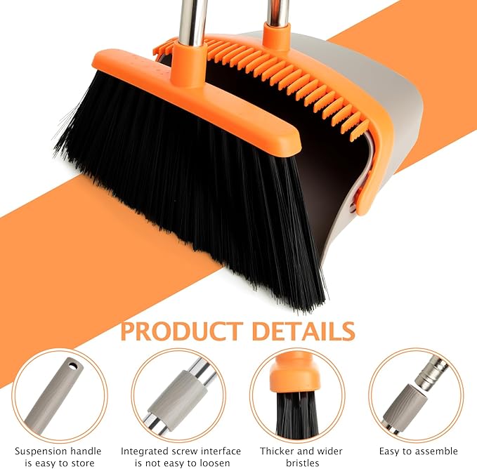 XXFLOWER 2-Pack Broom and Dustpan Set with Long Handle, Heavy Dust Broom and Dustpan Combo for Home，Kitchen, Office, Pet Hair(Gray Orange)