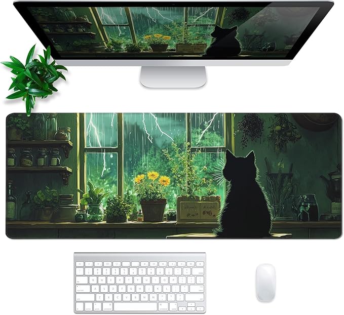 Green Black Cat Mouse Pad Abstract Green Mouse Pad 31.5x11.8 Inch Cat Texture Non-Slip Rubber Base Large Mousepad Stitched Edges Keyboard Mouse Mat Desk Pad for Office and Home