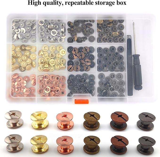 120 Sets Chicago Screws with Hole Puncher and Screwdriver Assorted Kit 6 Color Leather Rivets Screw Flat Fillister Book Binding Posts Nail Rivet Chicago Bolts for DIY Leather Craft (5×4mm)