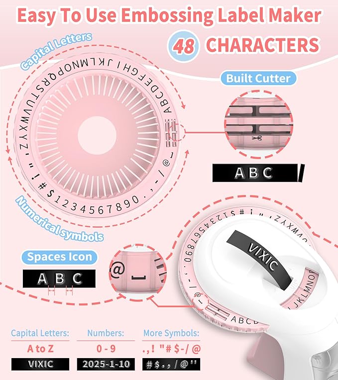 Vixic Embossing Label Maker Machine with Tapes, Vintage Embossed Label Maker, Retro Embossing Machine with 10 Rolls 9mm 3D Embossing Label Tapes for Home Office Kids DIY Crafting School, Pink