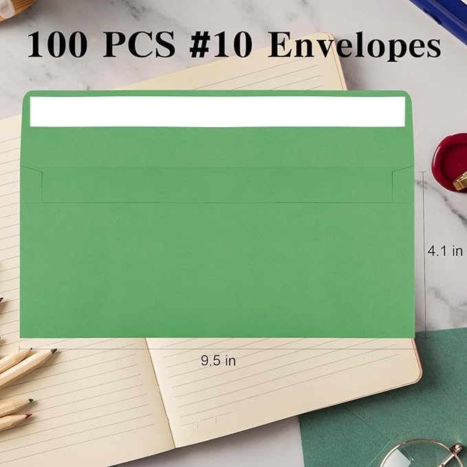 100 Pack Green #10 Business Envelopes, Standard Envelopes Self Seal, 4 1/8 x 9 1/2 Inch Letter Size Business Mailing Envelopes for Checks Invoices Statements Baby Shower Wedding Birthday