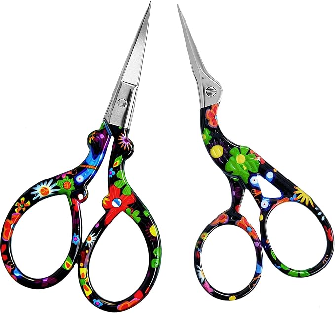 AQUEENLY Embroidery Scissors Vintage 2 Pcs Stainless Steel Stork Scissors Small Sewing Scissor Sharp 3.6 Inches Crochet Scissor for artwork, Threading, Needlework, Black Flower Style