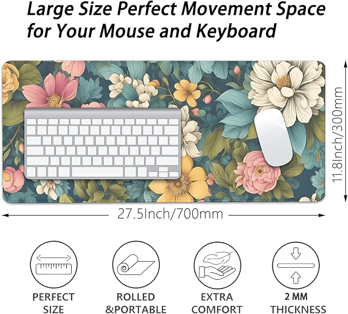 Colorful Flowers Desk Pad Mouse Pad,Large Floral Mouse Mat with Stitched Edges,Non-Slip Rubber Base Mousepad for Office PC Keyboard Laptop and Home Work Desk Mat(27.5X11.8 in)