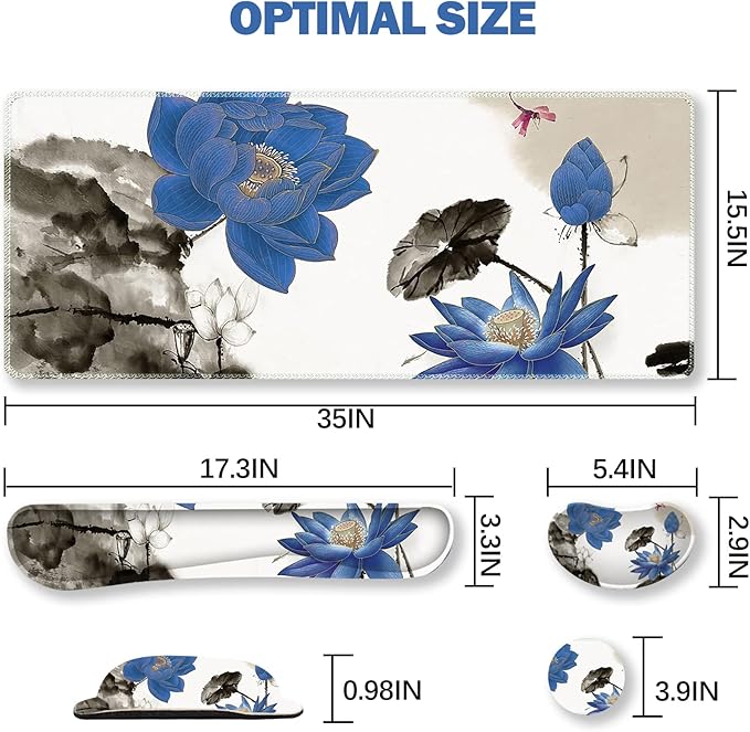 ARTSO Extended Gaming Mouse Pad Set, Keyboard Wrist Rest Support Pad + Wrist Cushion + XXL Large Mouse Pad + Coaster, Stitched Edge, Non-Slip, Memory Foam Desk Mat, Blue Lotus Ink Painting