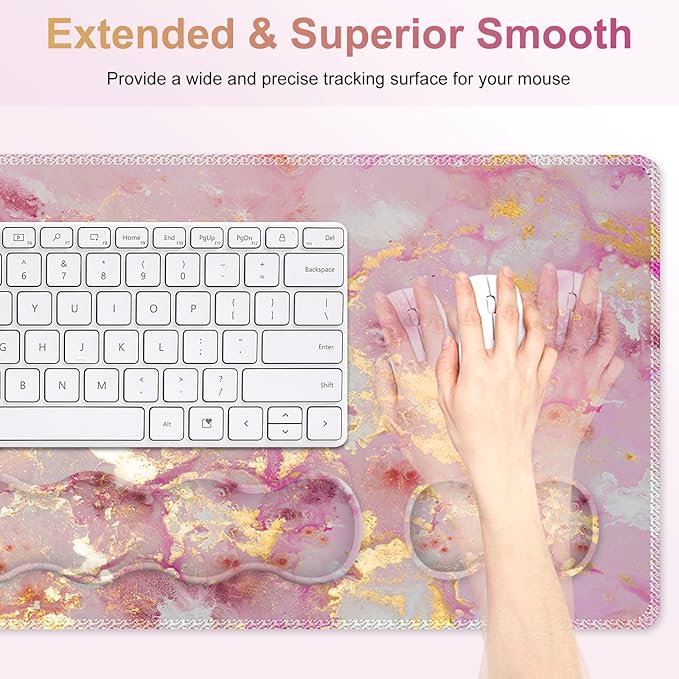 Gaming Mouse Pad Keyboard Wrist Support, 4 in1 Mousepad Set with Wrist Keyboard Rest, Computer Desk Mat, Non-Slip Desk Pad Protector with Memory Foam Easy Typing Pain Relief I Nice Pink Marble