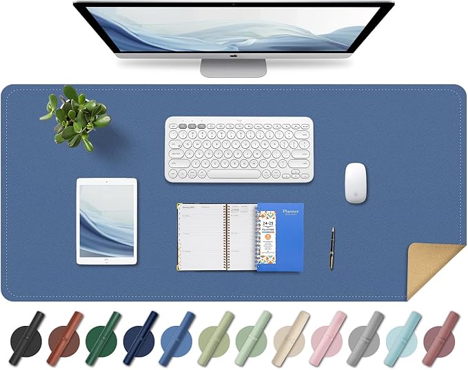 Large Desk Pad 35.4" x 17", Non-Slip Desk Mat with PU Leather & Natural Cork, Waterproof Writing Desk Natural Cork, Computer Mat Desk Protector for Office Home, Lake Blue