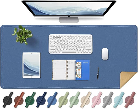 Large Desk Pad 35.4" x 17", Non-Slip Desk Mat with PU Leather & Natural Cork, Waterproof Writing Desk Natural Cork, Computer Mat Desk Protector for Office Home, Lake Blue