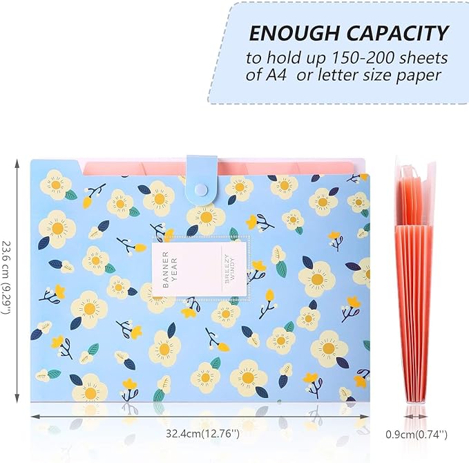 SKYDUE Expanding File Folders with 8 lables, Floral Printed Accordion Document Folder Organizer US Letter Size