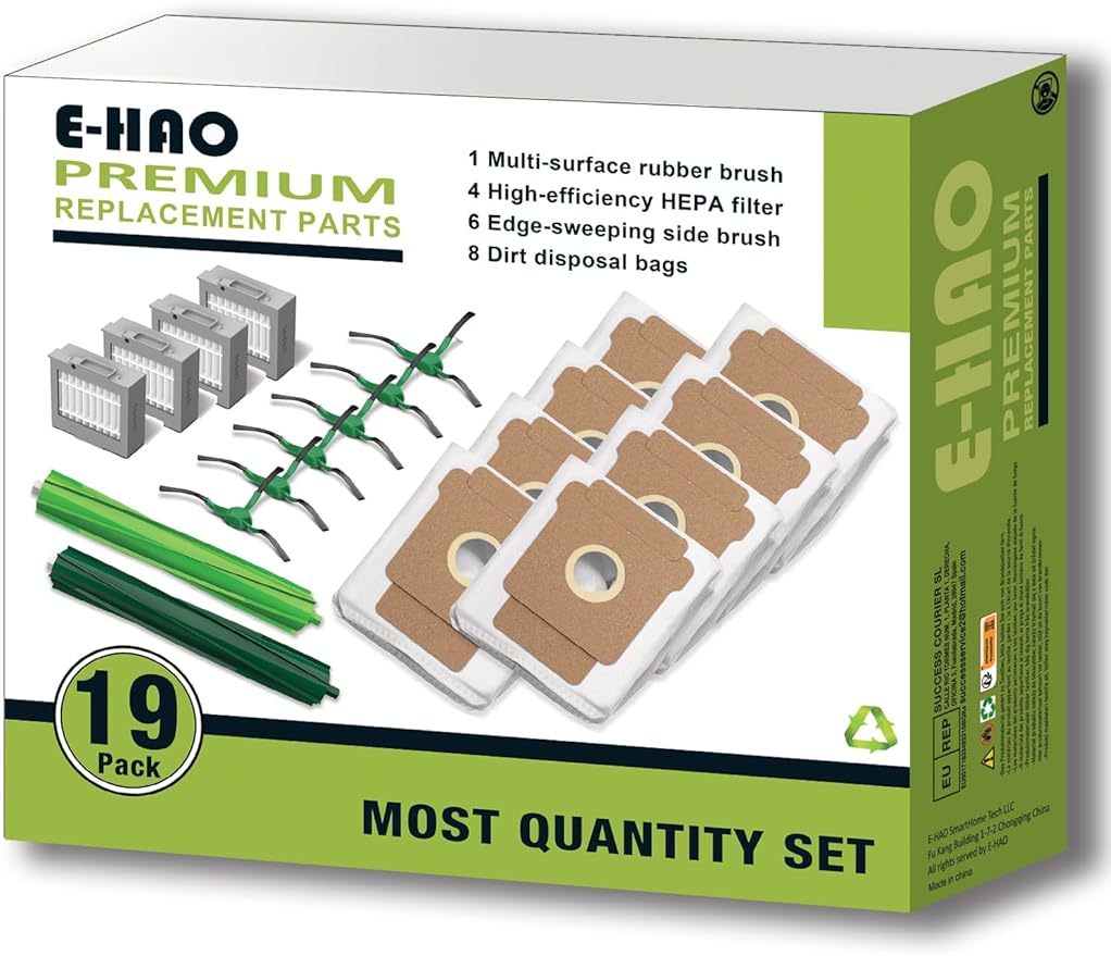 E-HAO Max 705 & 504 Replacement Parts for iRobot Roomba Max 705 Vac, Roomba Plus 504 Vac Robot Vacuum. Accessories Kit with 8 Dust Bags, 2 Rubber Rollers, 4 HEPA Filters, 6 Side Brushes