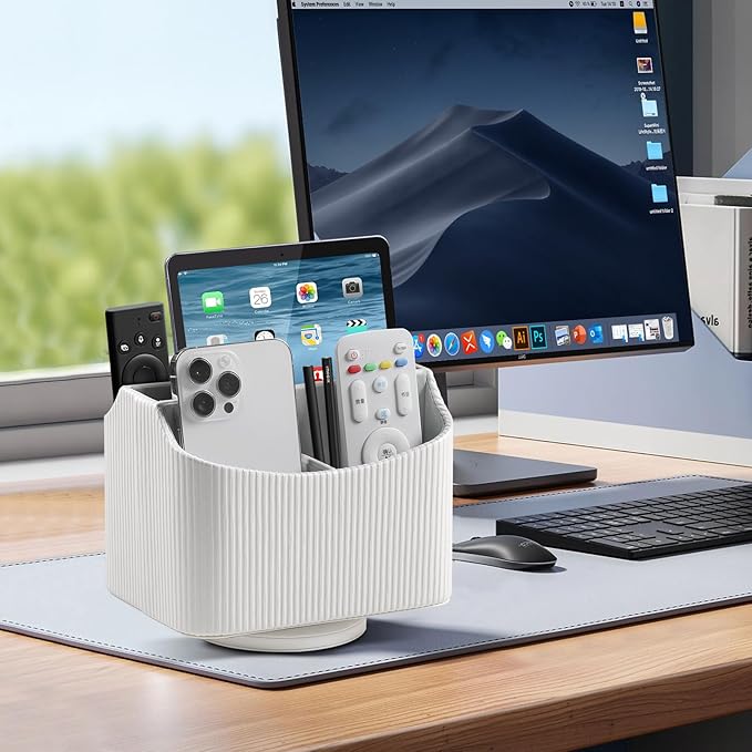 PU Leather Remote Control Holder, 360 Degree Rotating Desk Organizer Storage Table Remote Caddy, Spinning Bedside Organizer Nightstand Organizer for Desktop Office Home (White)