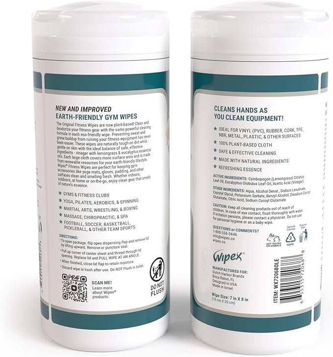 Wipex Original Fitness Equipment Wipes - Plant Based Gym Wipes for Equipment, Yoga Mat Cleaner, Peloton Cleaner, Exercise Machines, Natural w/Lemongrass, Eucalyptus & Vinegar, 50 Count (Pack of 12)