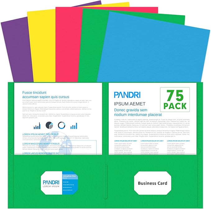 Two Pocket Folders, PANDRI 75 Pack 2 Pocket Folders, Letter Size Paper File Folder for School Office Home Business, Assorted 5 Colors