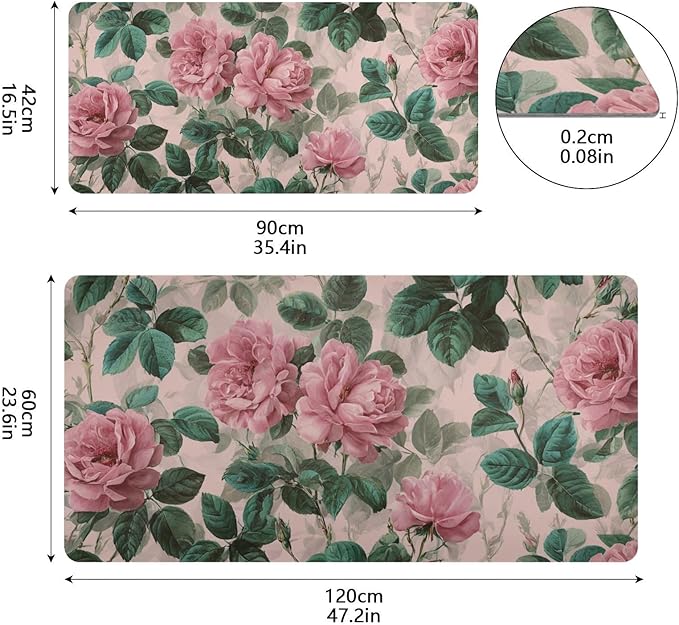 Mouse Pad Desk Mat Leather Desk Pad Large Gaming Desk Cover Protector Mat for Keyboard Computer Laptop Office Waterproof 47.2 x 23.6 Inch Pink Vintage Roses with Leaves