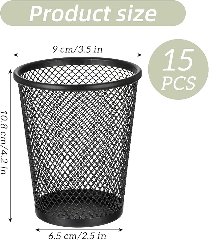 15Pcs Pen Holder for Desk, Black Mesh Pencil Cup Holder for Desk, Round Mesh Pen Holders, Makeup Brush Holders Pens Cup Bulks for Home & Office