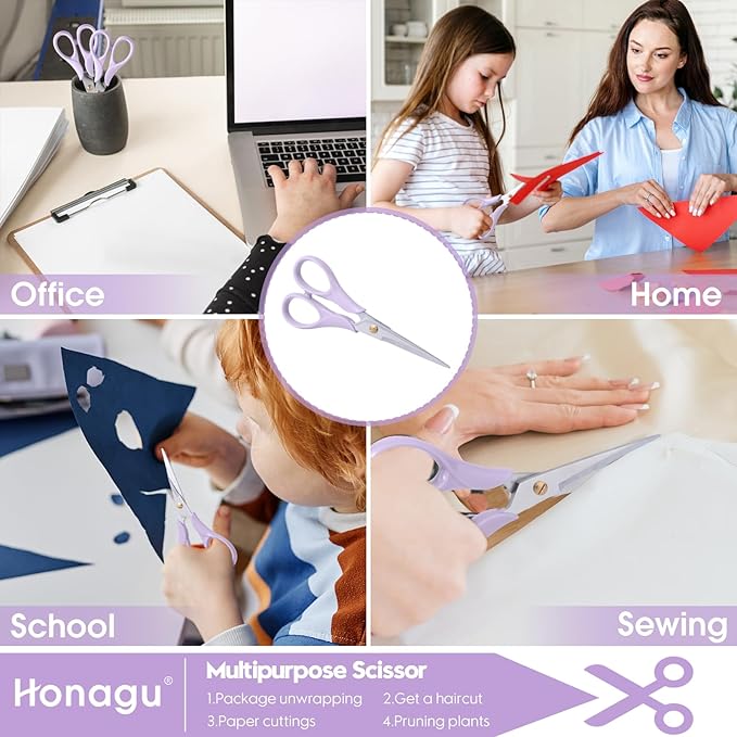 Honagu Professional Scissors - Stainless Steel Precision Blades, Non-Slip Ergonomic Handles for Crafting, Office, Fabric & DIY Projects (Purple)