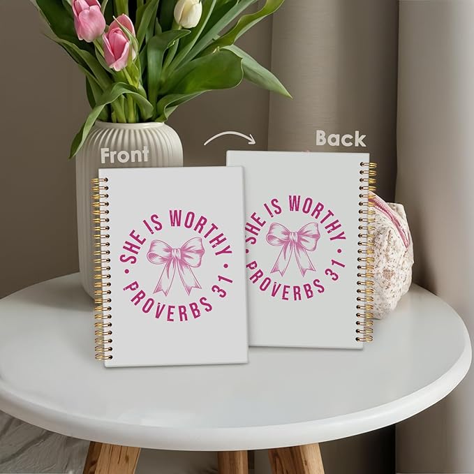 Pink Coquette Bow Christian Spiral Notebook, Proverbs 31 Woman Bible Journaling Notebook, Prayer Journal for Woman, Church Notes Journal, Scripture Hardcover Notebooks 5.5x8.3