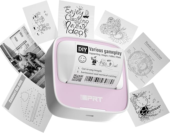 iDPRT Sticker Maker, Portable Thermal Printer with 1 Roll Sticker Paper, Bluetooth Inkless Printer Mini Label Maker for Study, DIY, Notes, Mini Label Maker with Multiple Template in Free App, Pink