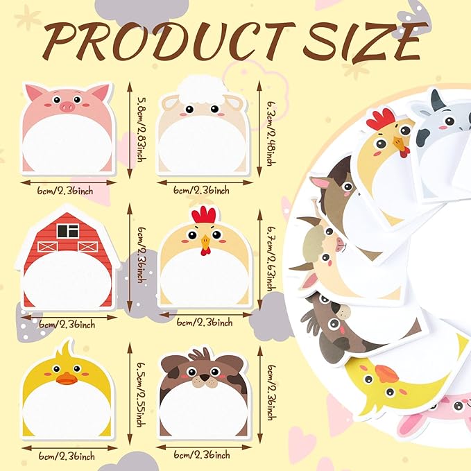 Yinder 24 Pads Cute Sticky Notes Kawaii Fun Animal Sticky Notes Pads Bulk Cartoon Memo Self Adhesive for Veterinary Gift Office School Tab Party Supplies(Farm Animals)