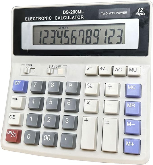 Desk Calculator Large 12 Digit Display, Dual Power Basic Calculator Desktop, Big Button for Office, Business, Home and School (Grey).