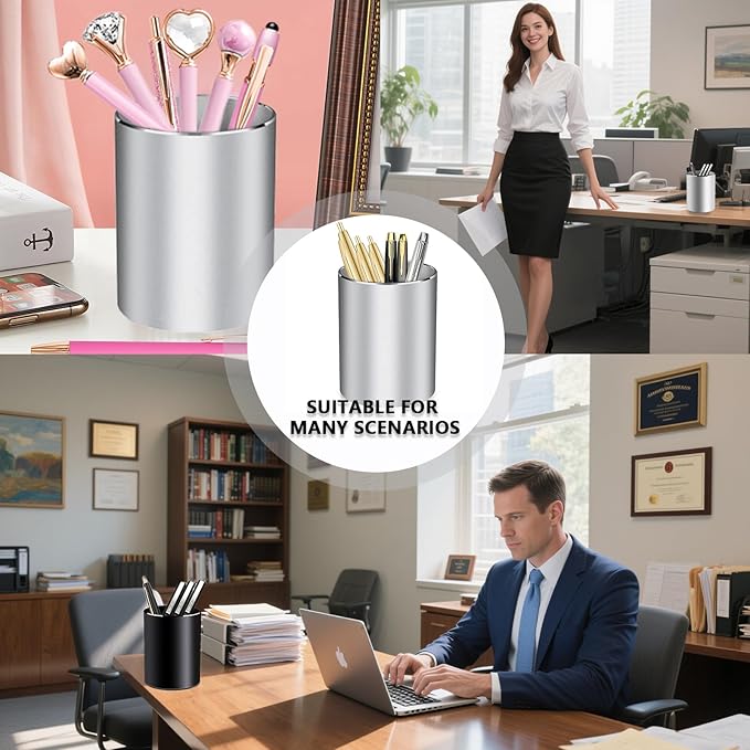 Pen Holder for Desk,Metal Aluminum Pencil Holder， for Pen Organizer for Desk, School, Home and Stationary Supplies, Advanced sense Pen Holder Non-Slip Silicone Bottom Round Silver Pencil Cup (Silver)