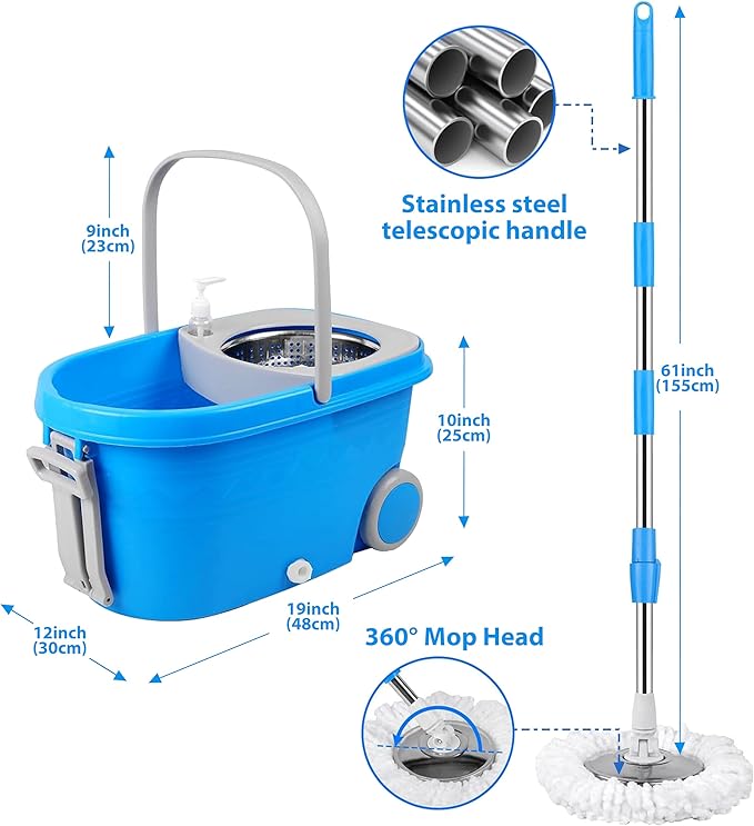 Mop and Bucket with Wringer Set for Home，360° Spin Mop and Bucket on Wheels and 3 Microfiber Mop Refills, Stainless Steel 61" Extended Handle Spinning Mop Bucket System for Floor Cleaning