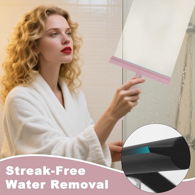 DEOFUXT Squeegee for Shower Glass Doors, Resilient Loop - No-Drill & Adhesive Hook, Silicone Shower Squeegee with Stainless Steel Core, Cleaning Tool for Home, Kitchen, Bathroom & Car - Pink