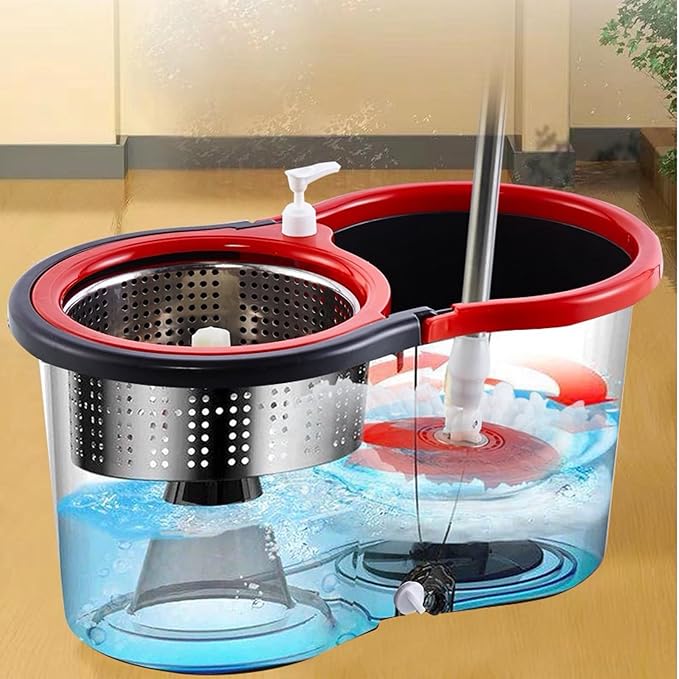 Spin Mop and Bucket with Wringer Set, 360°Rotating Head Mop Bucket System, 3 Microfiber Mop Heads for Living Room, Bedroom, Kitchen, Office (Black & Red)