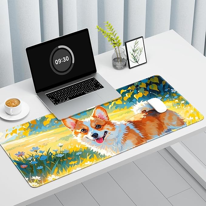 Auhoahsil Large Gaming Mouse Pad, Animal Theme XXL 35.4 x 15.7 in Desk Pad Stitched Non-Slip Rubber Long Computer Mousepad Thin Extended Full Size Desk Mat for Desktop, Laptop, Wireless Mice, Corgi