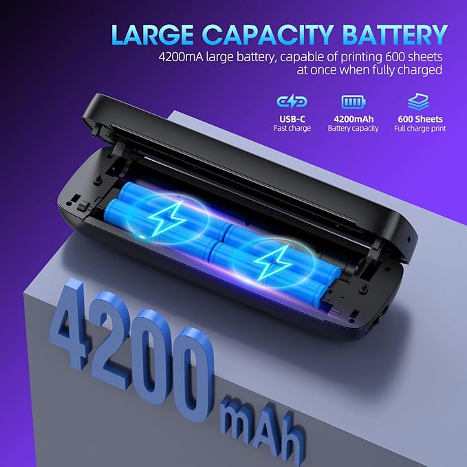 Aixiqee Inkless Portable Wireless for Travel - High Resolution, 4200mAh Battery, Thermal Mini Printer for A4/A5/US Letter, Bluetooth & USB, Lightweight Wireless Printer for Home/Office