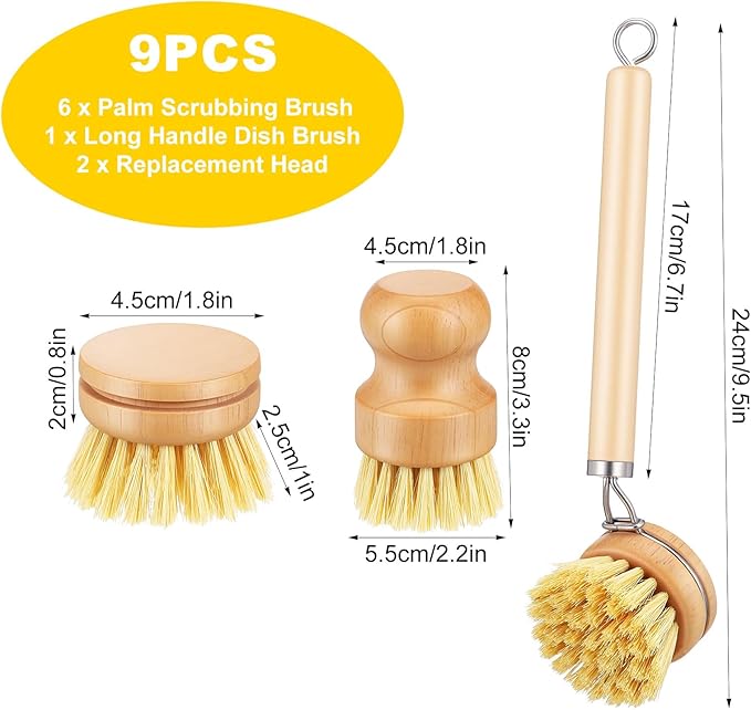 IANFAN 9 Pcs Bamboo Dish Brush Set, Multifunctional Dishwashing Scrubber with Natural Sisal Bristles, Wooden Dish Brush for Cleaning Pots, Dishes, Pans, Vegetables