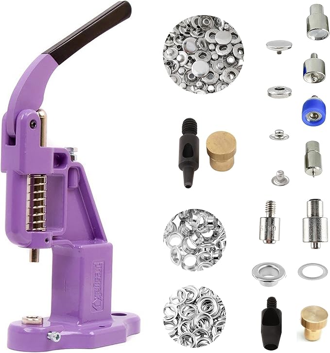 Hobby Trendy Hand Press with Rust Free Steel 50 Sets Ln24 15mm Fashion Spring Glove Snaps and 50 Sets Brass 8 mm (Nr5) Eyelets, Matching Dies and Hole Punches (Silver Supplies, Lilac Press)