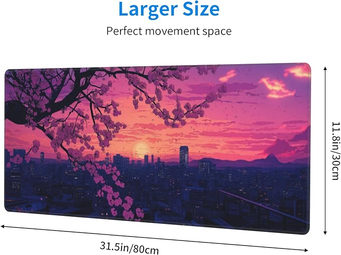 Sakura City Sunset Large Mouse Pad, Anime Style Gaming Desk Mat, XL Keyboard Desk Pad Mat for Desktop, 31.5"x11.8" Non-Slip Base Big Mousepad with Stitched Edges