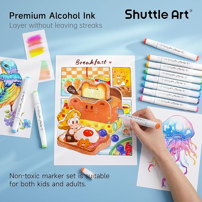 Shuttle Art 310 Colors Alcohol Markers, 309 Colors Dual Tip Art Marker Set Plus Colorless Blender, Micro-tip Pens, White Highlighter Pens, Marker Bag with Holders Perfect for Students Adults Coloring