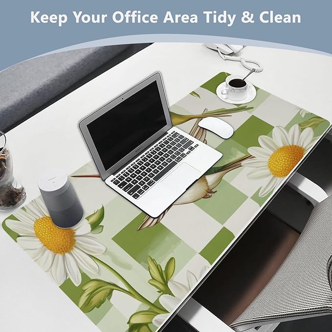 Mouse Pad Desk Mat Leather Desk Pad Large Gaming Desk Cover Protector Mat for Keyboard Computer Laptop Office Waterproof 47.2 x 23.6 Inch Checkered Green and White Hummingbirds Daisy