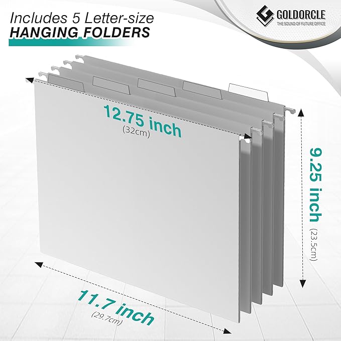 White Hanging File Organizer Box, Hanging File Folder Frame with 5 Letter-size Hanging Folders, Metal Mesh Desk File Folder Storage (No Assembly Required)