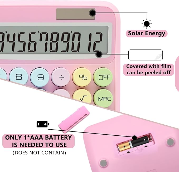 Pink Calculator, Standard Calculator 12 Digit with Large LCD Display and Big Buttons,Pink Office Accessories for Women Desk, Cute for Office,School, Home, Business(Colorful Pink)
