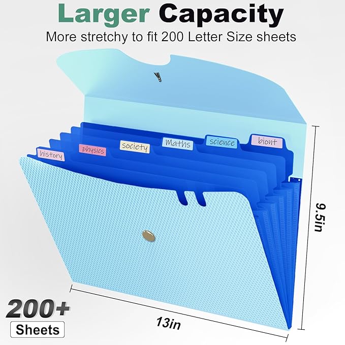 Sooez 7 Pocket Expanding File Folder, Letter Size Accordion File Organizer, Premium Folders for Documents, Filing Folders with Bungee Closure, Portable Organizer for School Office Supplies, Sky Blue