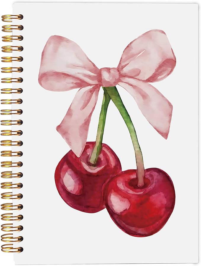 Cherry Notebook, Coquette Pink Bow Preppy Journal Notebook for Note Taking Work, Cute Girly Notebook, Aesthetic Notebook, Pink Office Supplies, Spiral Notebook 5.5x8.3 Inch